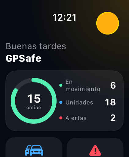 Dashboard de GPSafe Watch con vehículos en línea, en movimiento y alertas