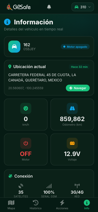 App GPSafe — detalle de vehículo en tiempo real