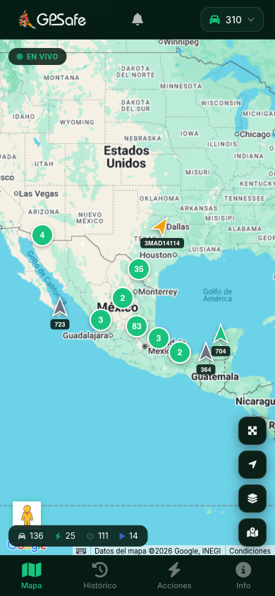 App GPSafe — vista de mapa con flota en México